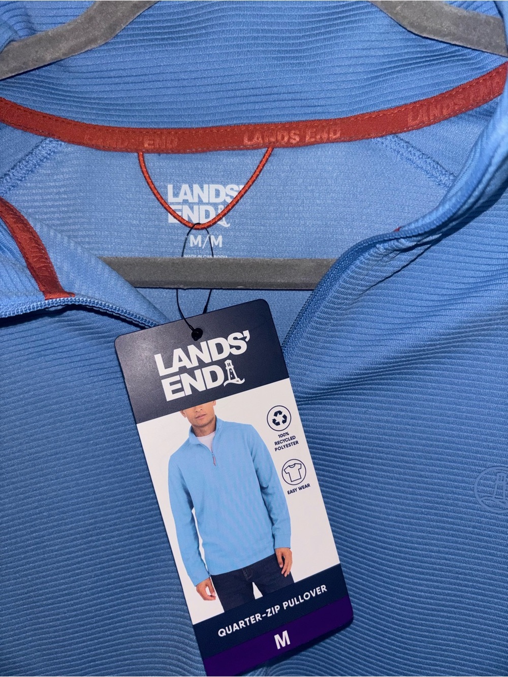 NWT Land’s End Men’s Quarter Zip Pullover- Light Blue with Orange Accent